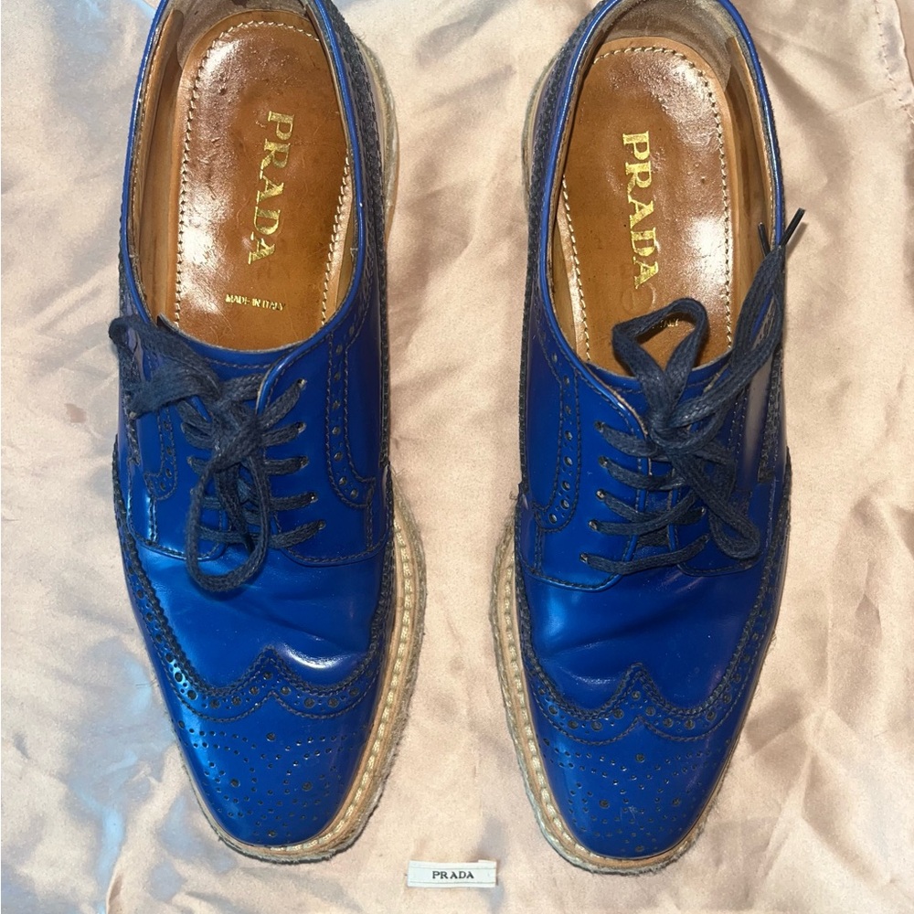 Prada Blue and Orange Brogue Platform Loafers - Picture 2 of 6